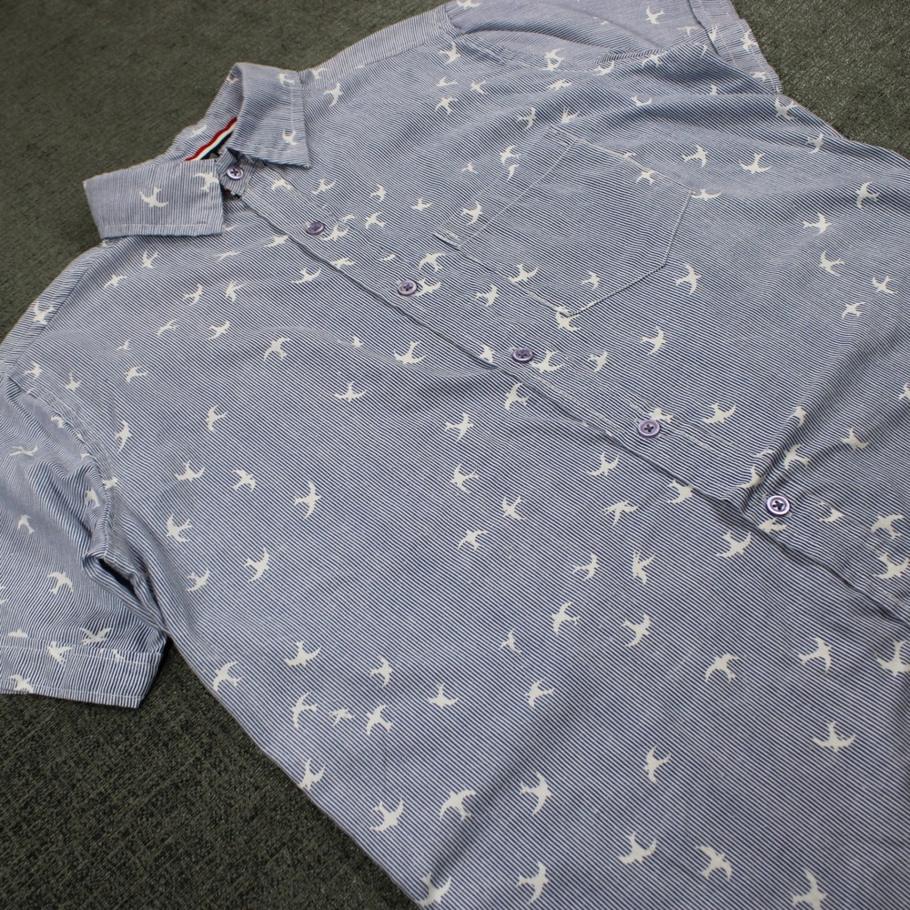TOKU Mens Blue White Pinstripe Bird Print Short Sleeve Button Down Shirt Small